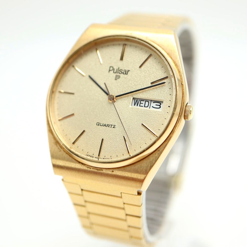 Pulsar by Seiko Gold Tone 33mm Day Date Watch Glitter Dial Y553-8019 New Battery